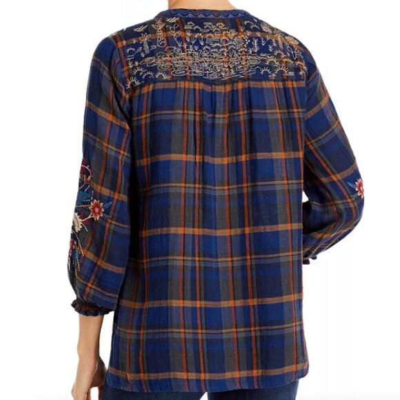Johnny Was Freja Plaid Embroidered Peasant Top - Picture 2 of 8